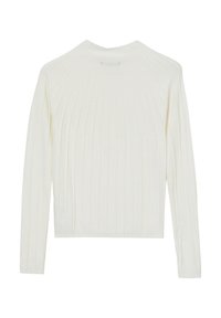 Pull blanc à côtes avec des manches longues, encolure ras du cou et ourlet court. Fabriqué en tissu doux, avec des rayures verticales texturées.