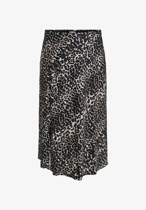 Lauku raksta svārki melnā, brūnā un bēšā krāsā. A-līnijas siluets ar plūstošu dizainu un sānu šķēlumu detaļām, kas nodrošina ērtu kustību.