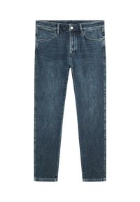 Granatowe dżinsy o prostych nogawkach, z pięcioma kieszeniami, metalowymi elementami i lekko postarzanym wykończeniem na powierzchni.