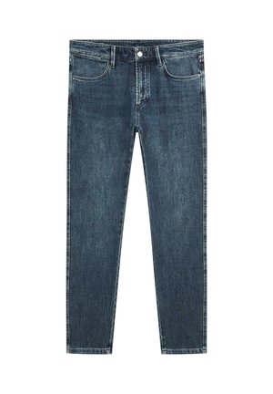 Granatowe dżinsy o prostych nogawkach, z pięcioma kieszeniami, metalowymi elementami i lekko postarzanym wykończeniem na powierzchni.