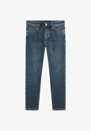 Granatowe dżinsy o prostych nogawkach, z pięcioma kieszeniami, metalowymi elementami i lekko postarzanym wykończeniem na powierzchni.