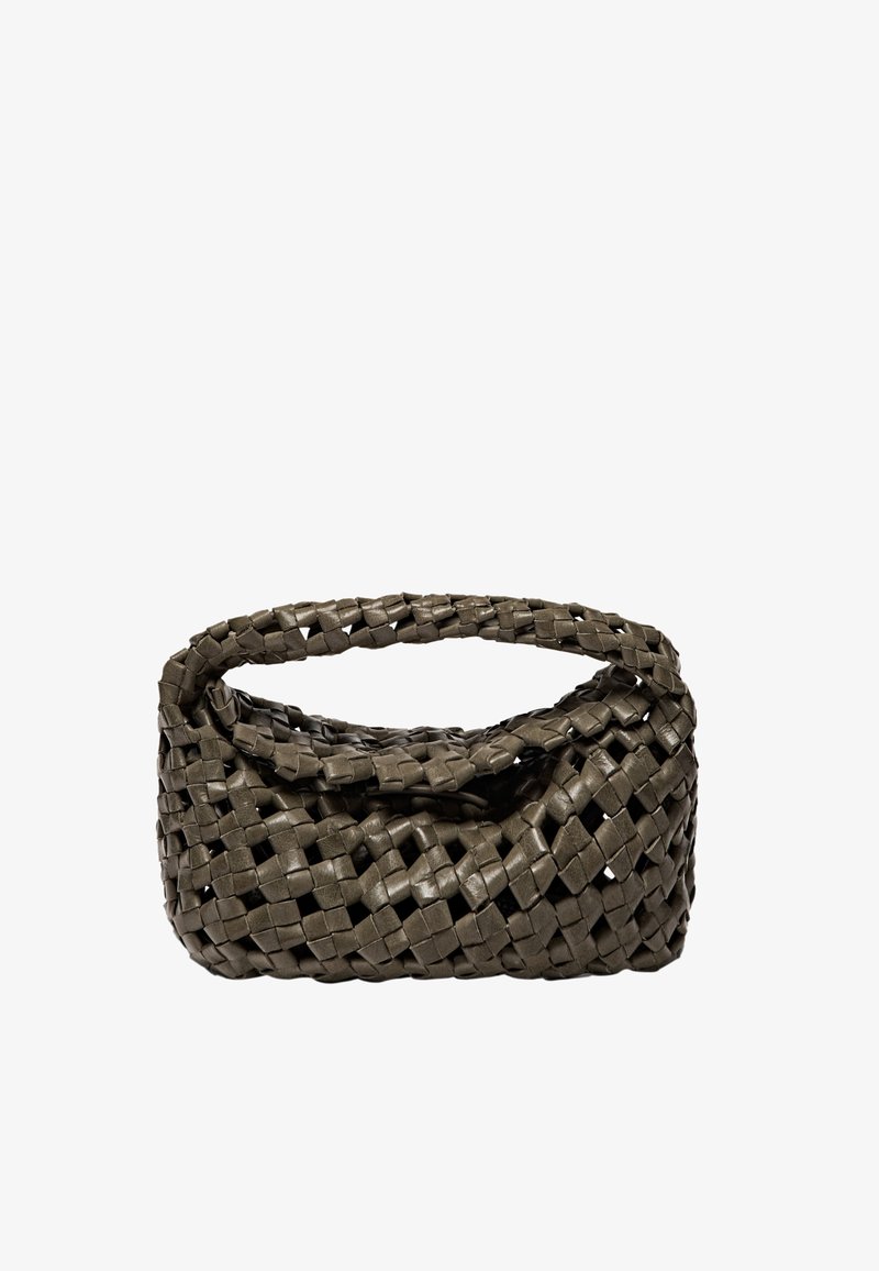 Vävd handväska i mörk olivgrön läder, med ett runt handtag och mjuk, texturerad yta i hobo-stil.