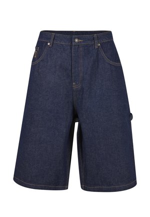 Ciemnoniebieskie jeansowe szorty do kolan z przednimi i bocznymi kieszeniami, szlufkami na pasek i zapięciem na guzik w talii.