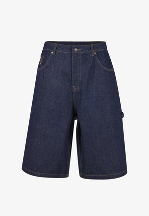 Tumesinised teksapüksid põlvepikkusega, ees ja külgedel taskud, vööaasad ja nööpidega sulgumine vöökohal.