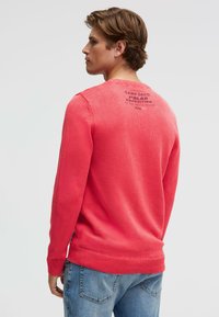 Roter Strickpullover mit strukturiertem Muster, gerippten Bündchen und einem Logodruck auf der Rückseite. Kombiniert mit blauen Jeans.