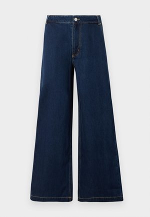 Wijduitlopende denim jeans in donkerblauw met gouden stiksels, voorzien van een voorknop- en ritssluiting en een klassiek vijf-pocket ontwerp.