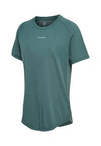 T-shirt de sport vert à manches courtes avec col rond et petit logo blanc "hummel" centré sur la poitrine.