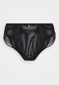 Bragas negras transparentes con un patrón de rayas horizontales, detalles de encaje en los lados, bordes festoneados y un pequeño charm decorativo en forma de gota en el centro frontal.
