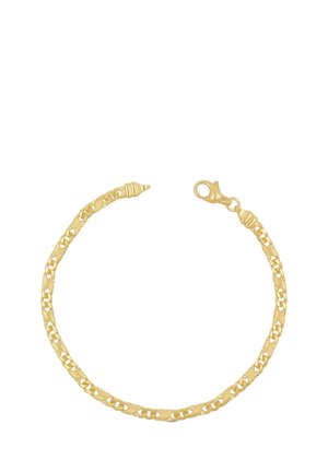 Zartes goldenes Kettenarmband mit abwechselnden glatten und strukturierten rechteckigen Gliedern und einem Karabinerverschluss.