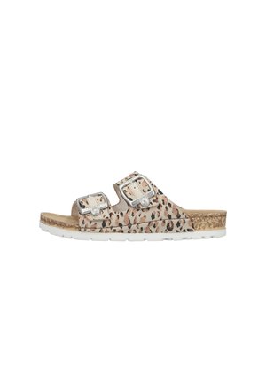 Sandale slide avec brides à imprimé léopard, deux grandes boucles argentées, semelle intérieure en liège et semelle extérieure blanche texturée.
