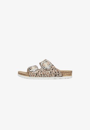 Slide sandal with leopard print straps, two large silver buckles, cork footbed, and white textured sole.