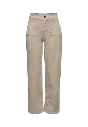 Beige cotton trousers with a straight leg design, two front pockets, and a button closure. Smooth texture with a casual look.