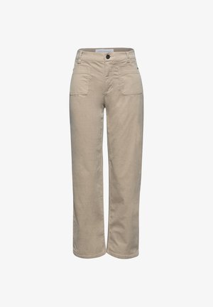 Beige cotton trousers with a straight leg design, two front pockets, and a button closure. Smooth texture with a casual look.