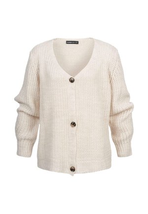 Cremfarbener, grob gestrickter Cardigan mit V-Ausschnitt und drei großen braunen Knöpfen auf der Vorderseite, langen Ärmeln mit gerippten Bündchen.