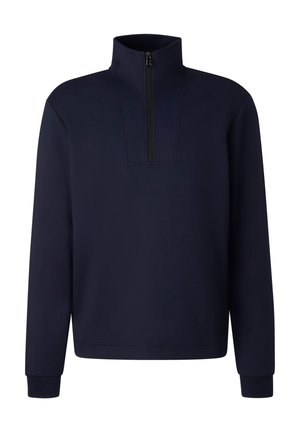 Navy blue zip-neck sweatshirt with long sleeves, structured collar, and a minimalist design. Made from soft, textured fabric.