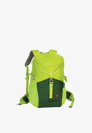 Heldere groene en donker groene rugzak met gewatteerde banden, voorste gesp, zijvakken van gaas en een kleine berenafbeelding op het onderste voorpaneel.