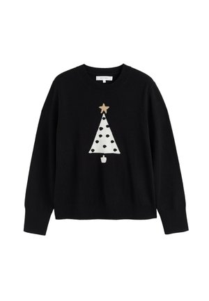 Maglione nero con un design di albero di Natale bianco decorato con pois neri e una stella dorata in cima. Maniche lunghe e scollatura rotonda.