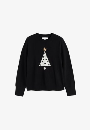 Maglione nero con un design di albero di Natale bianco decorato con pois neri e una stella dorata in cima. Maniche lunghe e scollatura rotonda.