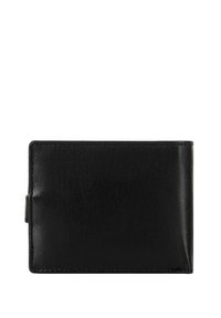 Portafoglio in pelle nera con una texture liscia, forma rettangolare e cuciture visibili. Presenta un design sottile per la conservazione di carte e contanti.