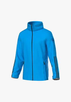 Blauwe sportjack met een hoge kraag, full-front rits, zwarte accenten en zakken met rits aan de zijkant. Bevat zwarte strepen op de mouwen.