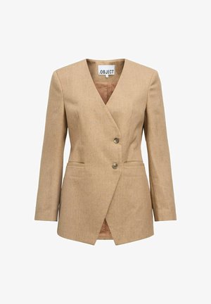 Blazer beige avec un col cranté, coupe simple boutonnée, deux boutons et poches latérales. Tissu texturé avec une doublure intérieure lisse.