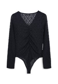 Body in pizzo nero con maniche lunghe, scollatura a V e dettagli arricciati sul davanti. Motivo in pizzo strutturato su tutta la superficie, forma aderente.
