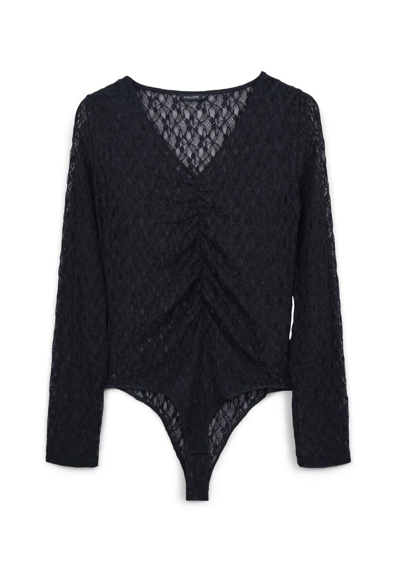 Body in pizzo nero con maniche lunghe, scollatura a V e dettagli arricciati sul davanti. Motivo in pizzo strutturato su tutta la superficie, forma aderente.