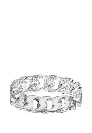 Silberner Gliederkett-Ring mit kleinen eingearbeiteten klaren Kristallen an abwechselnden Gliedern, polierte Oberfläche, dargestellt vor weißem Hintergrund.