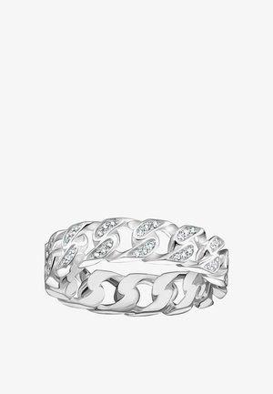 Silberner Gliederkett-Ring mit kleinen eingearbeiteten klaren Kristallen an abwechselnden Gliedern, polierte Oberfläche, dargestellt vor weißem Hintergrund.