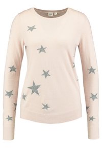 Pull à manches longues rose clair avec des motifs d'étoiles grises dispersés sur le devant et les manches, poignets côtelés et encolure ronde.