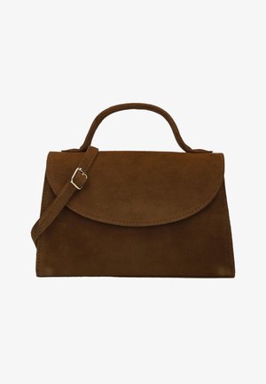 Bruine suède handtas met bovenhandvat, klepsluiting en verstelbare schouderriem met goudkleurige gesp.