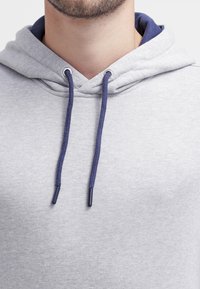 Szara bawełniana bluza z kapturem z niebieską podszewką, sznurkami z metalowymi końcówkami i luźnym krojem. Szczegóły szwów przy dekolcie.