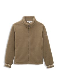 Fleecejacke in gedämpftem Olivgrün mit hohem Kragen, durchgehendem Reißverschluss und gerippten Bündchen mit beigen Streifen. Strukturierter, weicher Stoff.