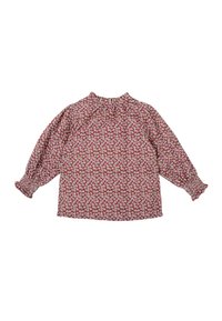 Blusa roja de flores con mangas largas abullonadas, escote con volantes y puños elásticos. La tela presenta un delicado patrón floral en blanco.