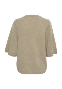 Pull beige à manches courtes avec col rond, coupe ample et tissu en maille douce, vu de dos sur fond blanc.