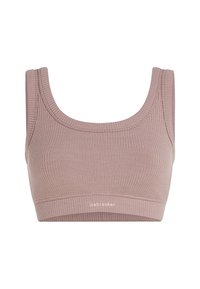 Bralette acanalado en rosa apagado, con escote redondo, tirantes anchos y un logo en el dobladillo inferior para un detalle adicional.