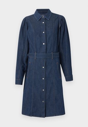 Σκούρο μπλε τζιν φόρεμα με μακριά φουσκωτά μανίκια, εμπρόσθια κουμπιά με κούμπωμα, ζώνη στη μέση, γιακά και πλαϊνές τσέπες.