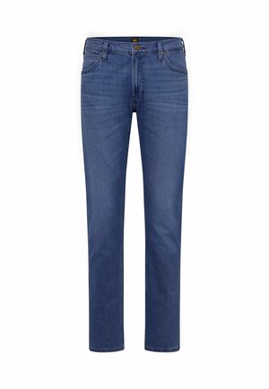 Blauwe denim jeans met een rechte pijpdesign, vijf zakken en een rits. Heeft een subtiele wassing en minimale stikseldetails.