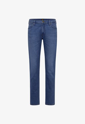 Jeans de mezclilla azul con diseño de pierna recta, cinco bolsillos y cierre de cremallera. Presenta un lavado sutil y un detalle de costura mínima.