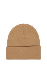 Beanie lavorato a maglia in un colore marrone chiaro, caratterizzato da un risvolto e una texture liscia, adatto per il freddo.