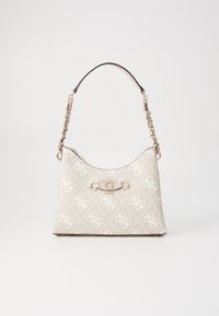 Beige handbag with a textured pattern, featuring a shiny gold-tone clasp and a shoulder strap with linked chain accents.