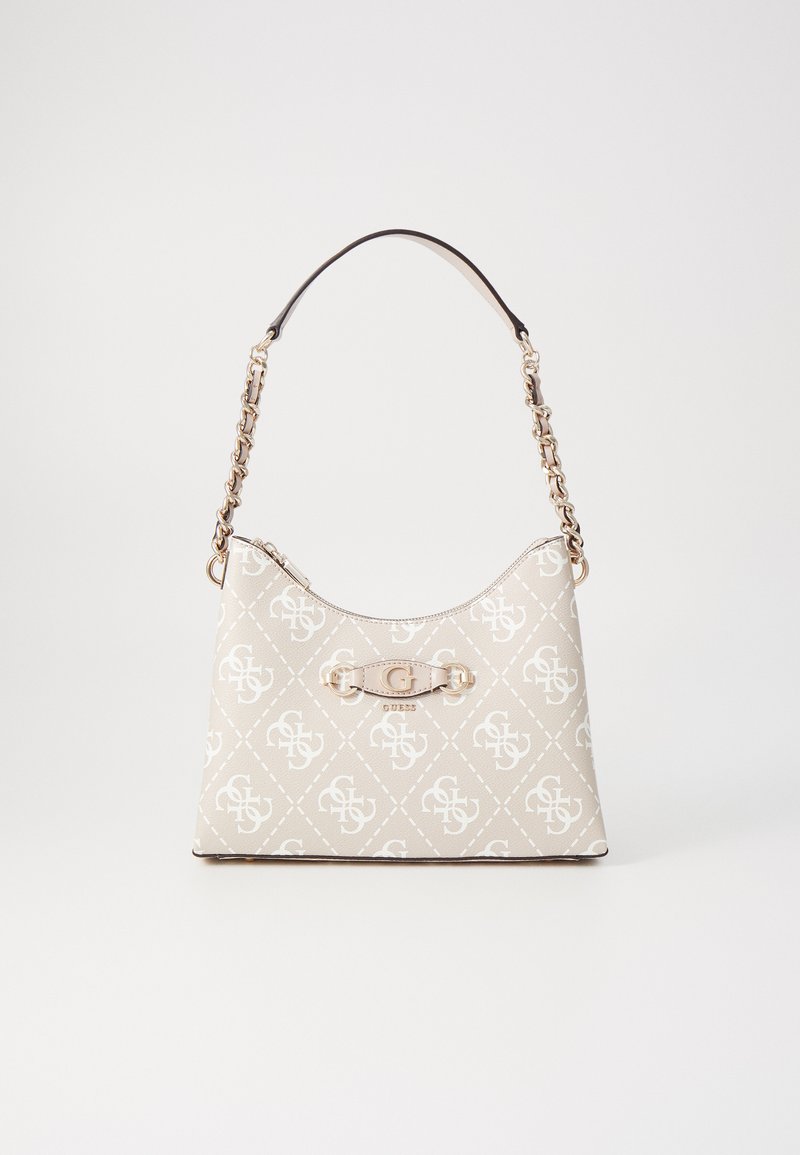 Beige handbag with a textured pattern, featuring a shiny gold-tone clasp and a shoulder strap with linked chain accents.