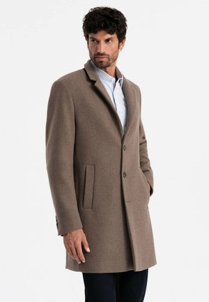 Brown wool blend overcoat with a notched collar, two buttons, and side pockets. The fabric has a smooth texture and a tailored fit.