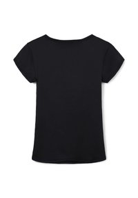 T-shirt nera a maniche corte con collo rotondo. Realizzata in morbido tessuto, presenta un design semplice e un orlo leggermente curvo nella parte inferiore.