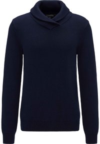 Pull bleu marine avec un col haut et replié, manches longues, ourlet côtelé, et un motif en maille texturée. Confectionné dans un tissu doux.