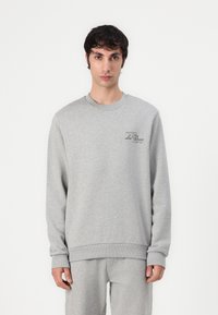 Sweatshirt gri din material moale, cu mâneci lungi, decolteu tip crew și un mic logo verde pe pieptul stâng.