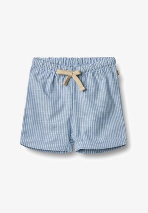 Világoskék kisfiú nadrág fehér függőleges csíkokkal és bézs húzózsinórral, rugalmas derékkal, hajtott szegélyekkel, fehér háttéren.