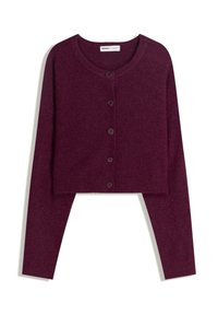 Bordeaux-farbene, kurze Strickjacke aus weichem, strukturiertem Stoff mit rundem Ausschnitt und sechs braunen Knöpfen auf der Vorderseite. Lange Ärmel.