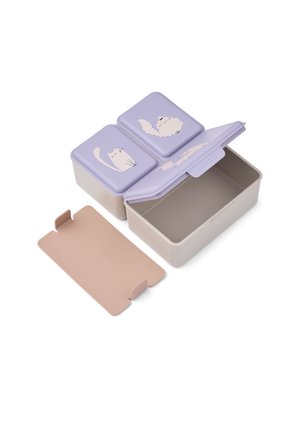 Stablemadkasse med tre rum, to med lilla låg med hvide katteillustrationer og én beige bund med aftagelig skillevæg.