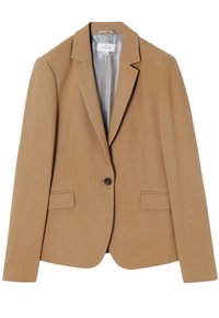 Beige blazer van een gestructureerde stof, met een enkele knoopsluiting, inkepingkraag, twee voorzakken en een gladde voering aan de binnenkant.